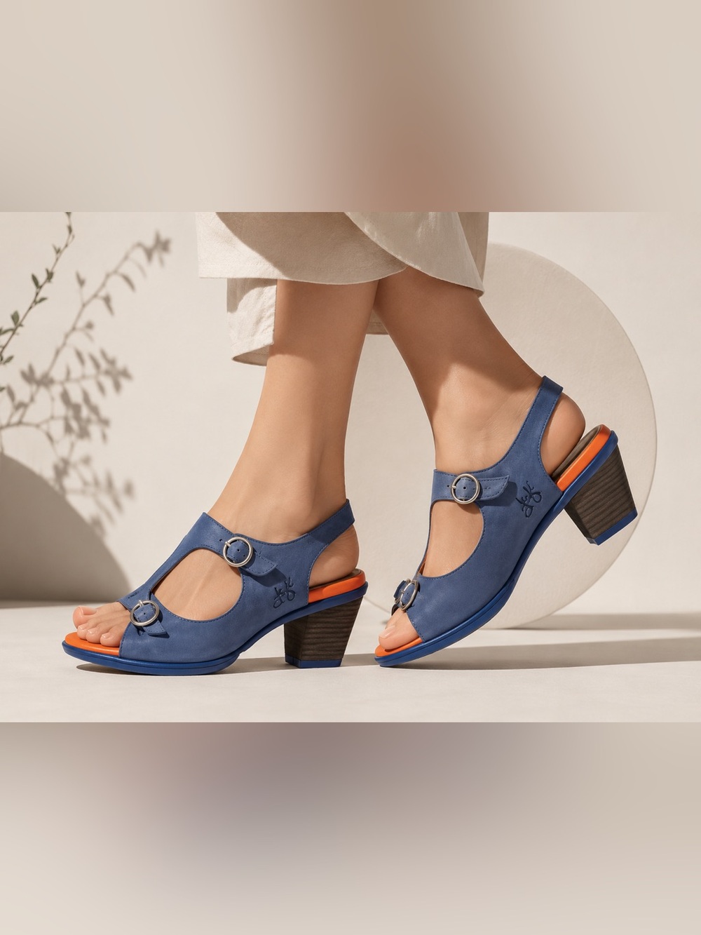 John Fluevog Blue and Orange Block Heel Sandals